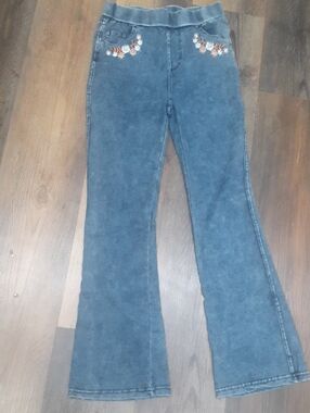 Derek Heart Blue Embroidered Flare Stretch Jeans